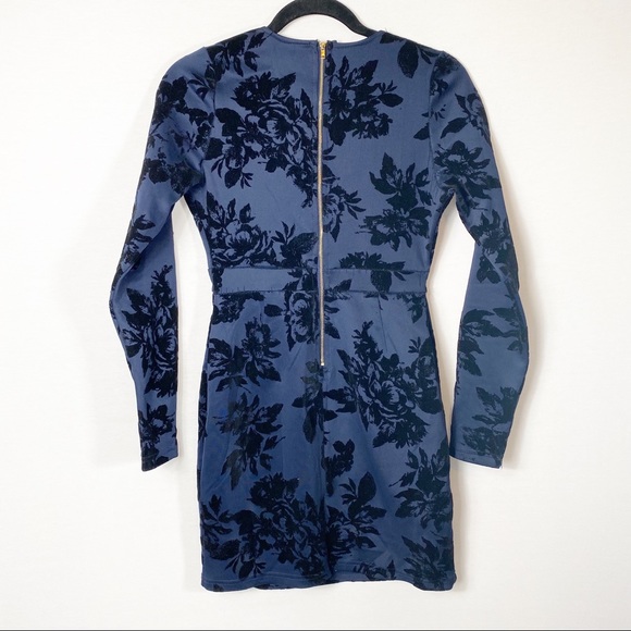 Blue & Black Velvet Flowers Deep V Neckline Dress - Picture 3 of 6